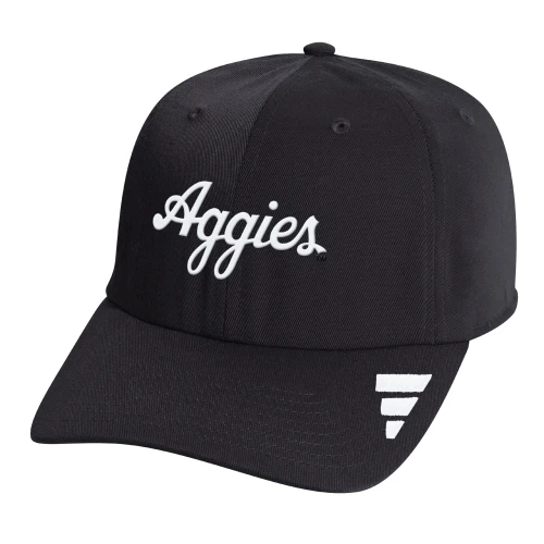 Black Texas A&M Aggies adjustable hat with white script Aggies lettering and white logo detail on brim