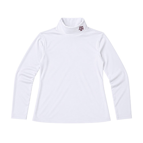 Scarlet & Gold Texas A&M toddler white long sleeve turtleneck featuring a small maroon A&M logo on the high neckline, fitted sleeves, and straight hem, shown layered under a maroon Aggies cheerleading dress.