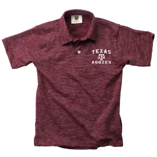 Maroon heathered Wes & Willy Texas A&M youth polo featuring short sleeves, a button placket, classic collar, and white Texas A&M Aggies graphic with A&M logo on the left chest.
