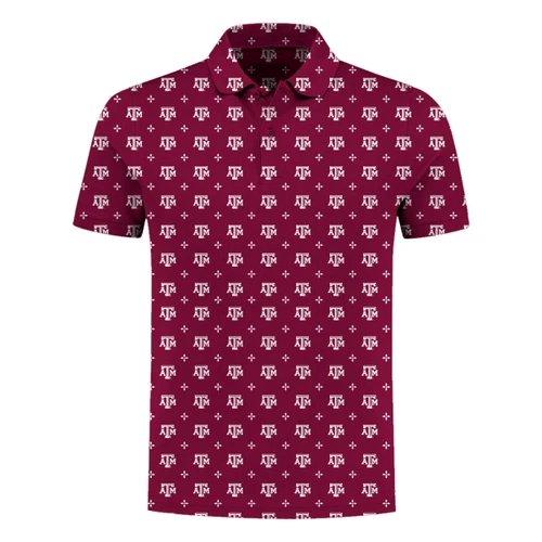 Maroon Wes & Willy Texas A&M youth polo featuring short sleeves, a classic buttoned collar, and an allover pattern of white A&M logos with small geometric accents.