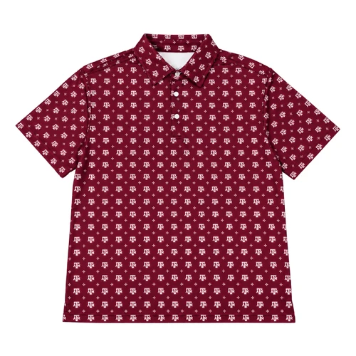 Wes & Willy Texas A&M men's maroon short sleeve polo featuring an allover repeating pattern of small white A&M logos, a traditional pointed collar, three-button placket, and straight hem.