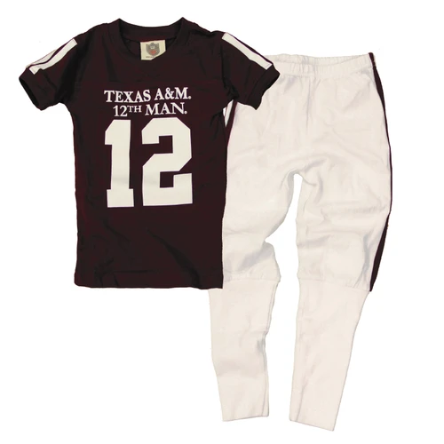 Wes & Willy Texas A&M youth football pajama set with a maroon short sleeve 12th Man jersey-style top featuring number 12 and white jogger pants with maroon side stripes.