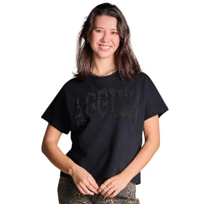 Stewart Simmons black Texas A&M T-shirt featuring oversized tonal Aggies lettering across the chest made with sparkling black rhinestone-style embellishments, short sleeves, crew neckline, and a relaxed silhouette.