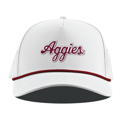 Branded Bills Texas A&M Aggies white cap with script Aggies logo and maroon rope detail on brim.