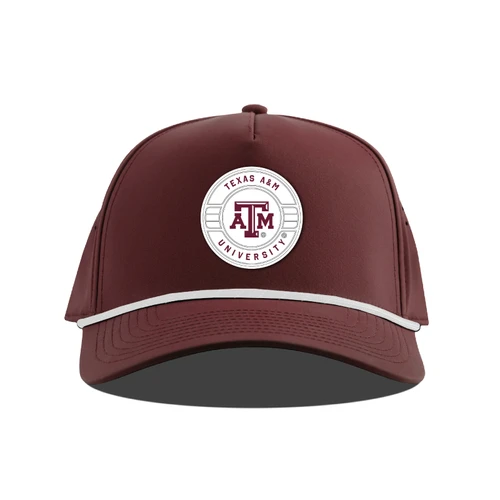 Branded Bills maroon Texas A&M cap featuring a circular Texas A&M University logo patch on the front, structured crown, curved bill, and contrasting white rope detail across the brim.