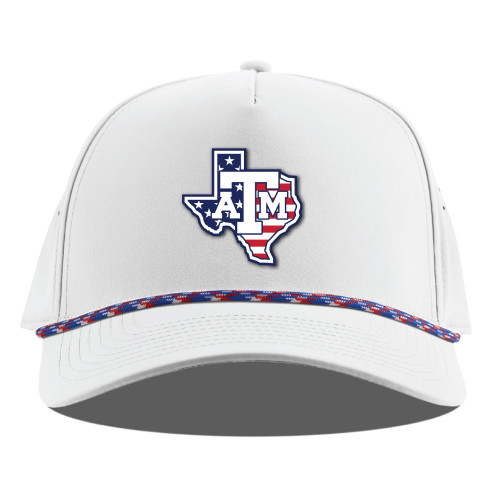 Branded Bills Texas A&M Aggies white cap with Texas state American flag logo and red white blue rope detail.