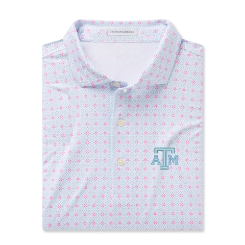 Fairway & Greene Texas A&M polo featuring a white base with an allover light blue and pink geometric pattern, classic collar, button placket, and coordinating embroidered A&M logo on the chest.