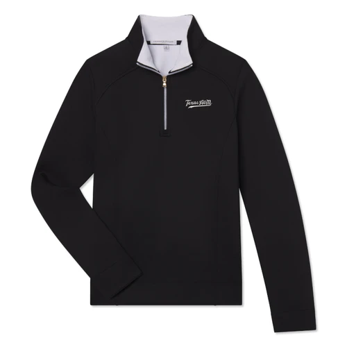 Fairway & Greene Texas A&M black quarter-zip pullover featuring long sleeves, a stand collar with white interior, contrasting zipper detail, and embroidered white Texas A&M script on the left chest.
