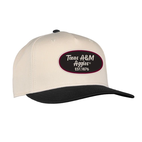 Ahead Headwear Texas A&M cap featuring a cream crown, black bill and top button, oval Texas A&M Aggies Est. 1876 front patch, and adjustable two-tone snapback closure.