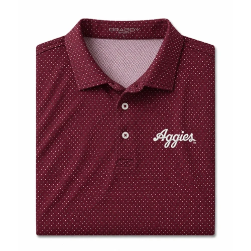 B. Draddy Texas A&M maroon polo featuring an allover white micro-dot pattern, classic collar, two-button placket, and embroidered white Aggies script logo on the left chest.
