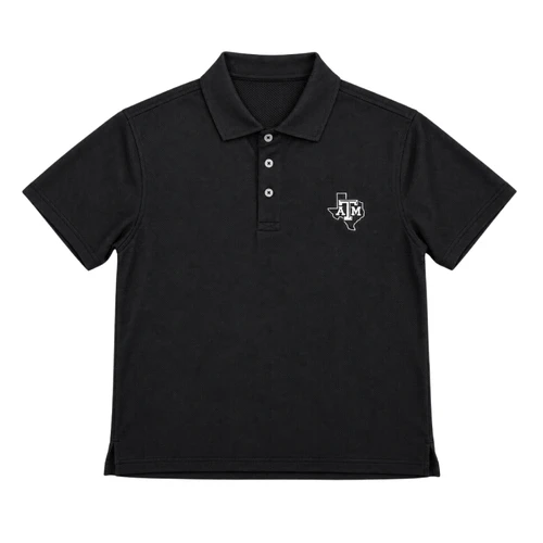 B. Draddy Texas A&M black short sleeve polo featuring a white embroidered A&M logo over a Texas state outline on the left chest, textured fabric, three-button placket, classic collar, and side vents.