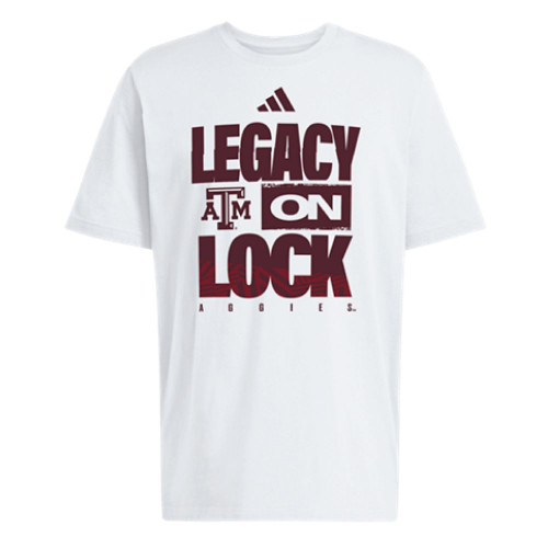 adidas Texas A&M Aggies white Legacy On Lock pre game shirt with ATM logo and bold Legacy On Lock graphic.