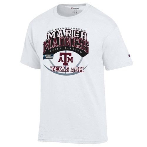 Champion Texas A&M Aggies white 2026 March Madness NCAA Men’s Basketball Tournament shirt with ATM logo and Texas A&M text.