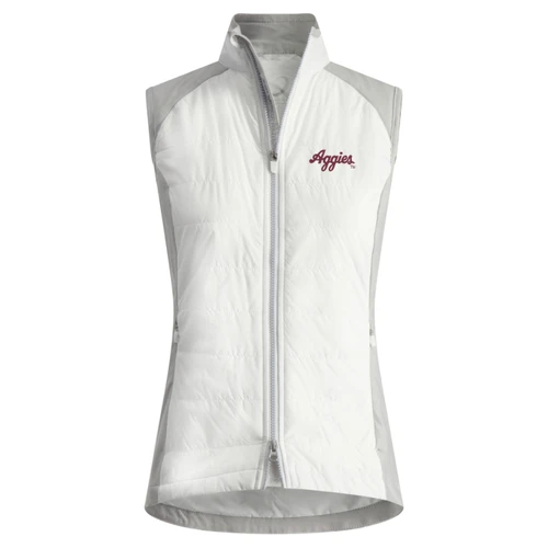 White Zero Restriction Texas A&M vest featuring a quilted front, light gray contrast shoulder and side panels, full-zip closure, stand collar, and maroon script Aggies logo on the chest.