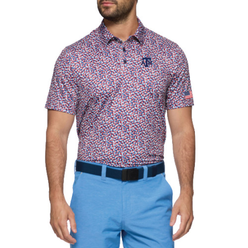 Flag and Anthem Texas A&M Aggies USA themed polo featuring red white and blue pattern with Texas A&M logo and American flag sleeve detail