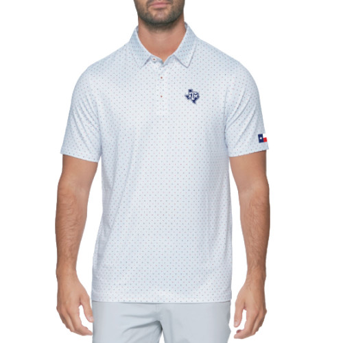 Flag and Anthem Texas A&M Aggies star dot polo featuring light color base with small red and blue pattern and Texas A&M logo with Texas flag sleeve detail