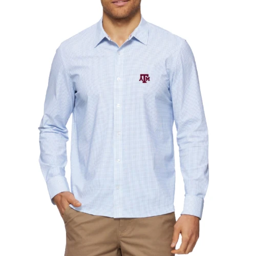 Flag and Anthem Texas A&M Aggies light blue long sleeve button down shirt featuring subtle check pattern and embroidered Texas A&M logo