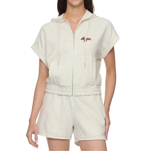 Flag and Anthem Texas A&M Aggies cream short sleeve full zip hoodie featuring embroidered Aggies script on the chest