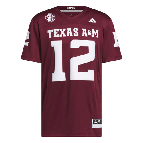 2026 Premier adidas Texas A&M football jersey in maroon featuring white Texas A&M lettering, oversized number 12 graphics, SEC and adidas logos, short sleeves, and a loose athletic fit.
