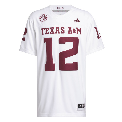 Adidas Texas A&M Aggies white football jersey with maroon number 12 graphics front and back