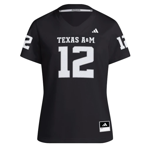 Women’s adidas Texas A&M black replica football jersey with white number 12 and Texas A&M lettering