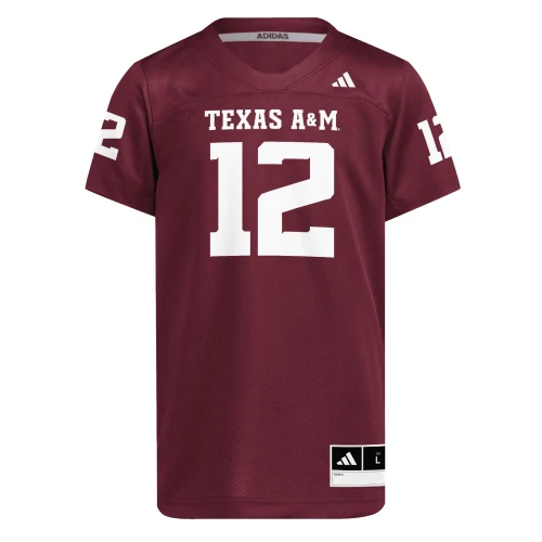 Youth adidas Texas A&M maroon replica football jersey with white number 12 and Texas A&M lettering