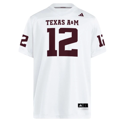 adidas Texas A&M white replica football jersey with maroon number 12 and Texas A&M lettering