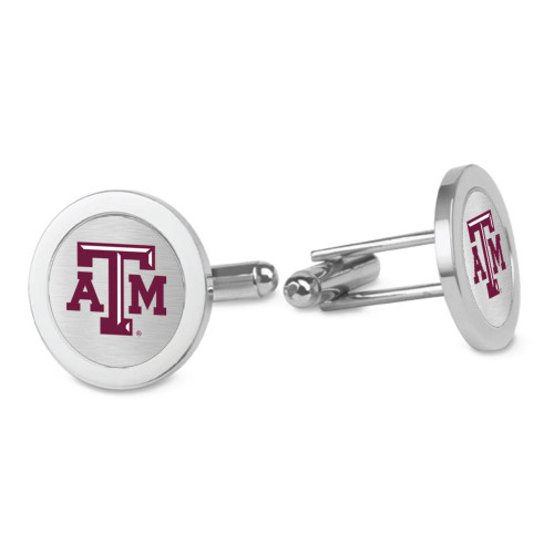 Jardine Texas A&M Aggies cufflinks featuring round silver design with maroon Texas A&M logo