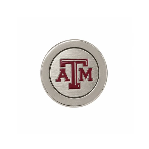 Round Jardine Texas A&M lapel pin featuring a raised maroon A&M logo centered on a brushed silver-tone background with a smooth circular silver border and polished metallic detailing.