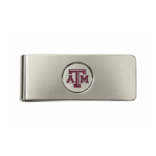 Jardine Texas A&M money clip featuring a polished silver-tone rectangular design with rounded corners and a centered circular brushed metal emblem displaying the iconic maroon A&M logo.