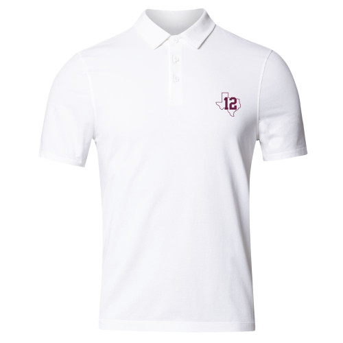 Lululemon Texas A&M Aggies white Evolution polo featuring Texas outline with 12th Man detail on the chest
