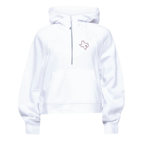 lululemon Texas A&M Aggies Scuba half zip hoodie in white with Texas outline 12th Man chest logo.