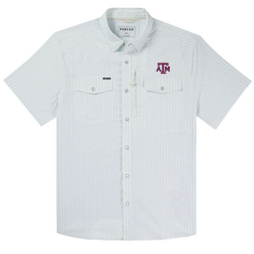 Poncho Texas A&M Aggies light striped pearl snap shirt with chest logo.