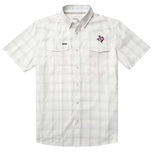 Poncho Texas A&M Aggies light plaid short sleeve pearl snap shirt with chest logo.
