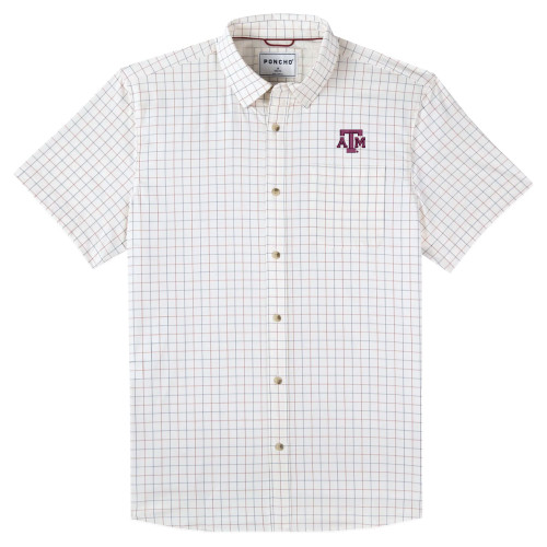 Poncho Texas A&M Aggies white short sleeve button down shirt with multicolor grid pattern and chest logo.