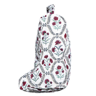 Ida Mae tall boot bag featuring maroon floral designs, green botanical accents, black decorative detailing, a white background, carrying handle, and a tall shape designed to store and transport boots.