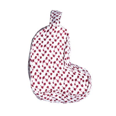 Ida Mae baby boot bag featuring an allover maroon floral print on a white background, compact boot-shaped design, top carrying handle, and a size ideal for storing and transporting booties.