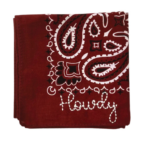 maroon paisley bandana with embroidered howdy script design