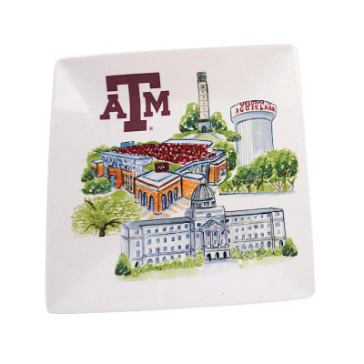 Valiant Gifts square trinket tray featuring watercolor-style Texas A&M landmarks, including the A&M logo, Kyle Field, Academic Building, campus water tower, and additional Aggieland scenery.