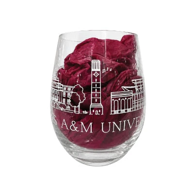 Valiant Gifts clear Texas A&M stemless wine glass featuring a white illustrated Aggieland skyline with Kyle Field, Albritton Bell Tower, campus landmarks, and Texas A&M University lettering around the glass.