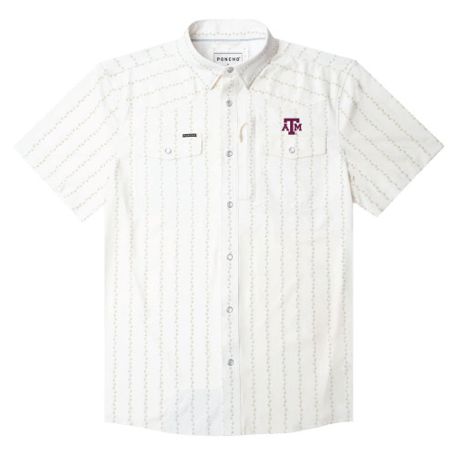 White Poncho Texas A&M short sleeve pearl snap button down shirt with embroidered ATM logo, dual chest pockets, and subtle vertical patterned detailing