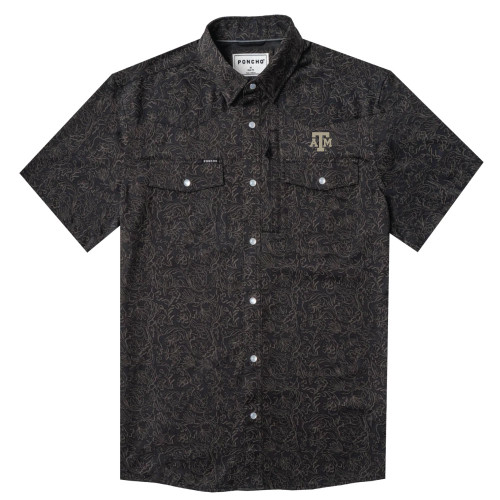 Black Poncho Texas A&M short sleeve pearl snap button down shirt with tonal floral paisley pattern, embroidered ATM logo, and dual chest pockets
