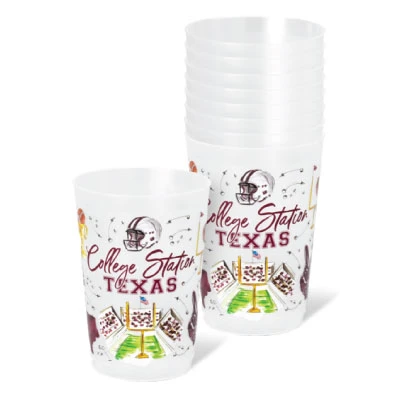 Swig Frosted Flex Cup Set featuring reusable translucent cups with colorful College Station Texas lettering, football helmets, stadium imagery, playing cards, boots, and other Texas-inspired illustrations.