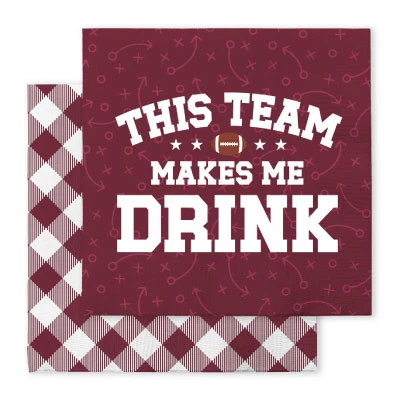 Swig 20 count cocktail napkins featuring maroon “This Team Makes Me Drink” football design with playbook accents and a coordinating maroon and white gingham pattern for game day entertaining.