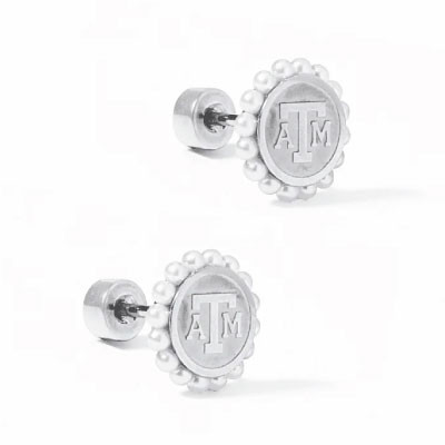 Linny Co screwback stud earrings featuring a silver-tone Texas A&M logo surrounded by a pearl-inspired border and secure screwback closures for stylish everyday wear.