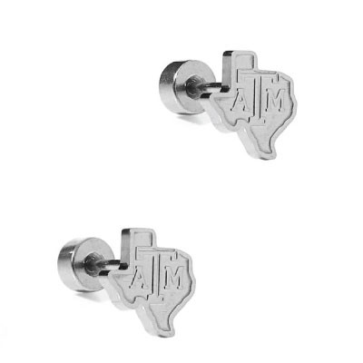 Linny Co silver screwback stud earrings featuring the outline of Texas with the Texas A&M logo centered inside and secure screwback closures for comfortable everyday wear.