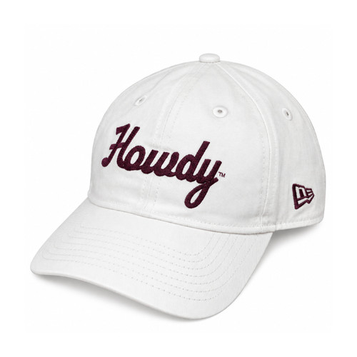 New Era Texas A&M white adjustable cap featuring maroon embroidered Howdy script on the front, curved bill, New Era side logo, and maroon Texas A&M state logo above the adjustable back strap.