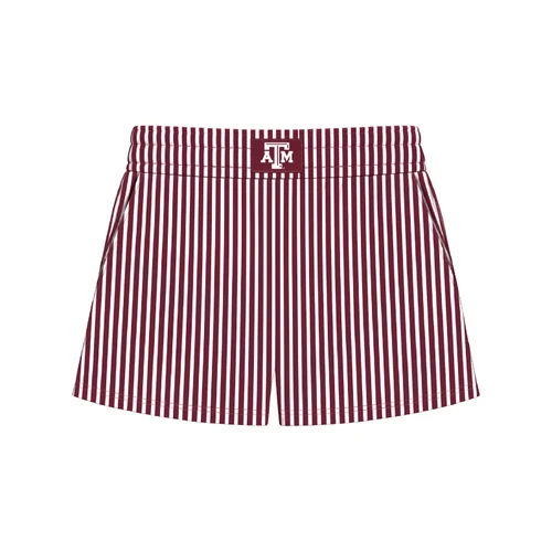 The Collegiate Lineup Texas A&M Aggies boxer shorts featuring maroon and white vertical stripes, a wide elastic waistband with a centered maroon A&M logo patch, side pockets, and relaxed silhouette.