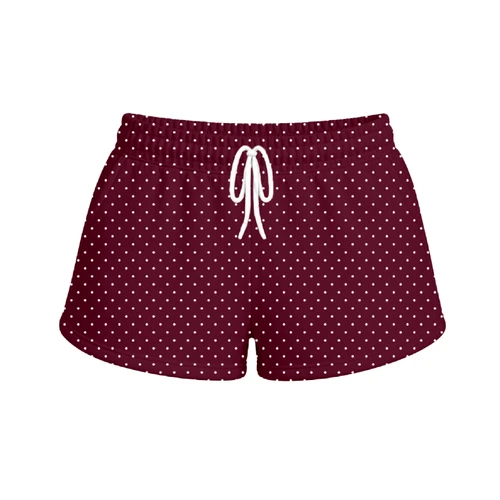 The Collegiate Lineup Texas A&M maroon shorts featuring an allover white polka dot pattern, elastic waistband with a white adjustable drawstring, relaxed silhouette, and curved hems for a casual, comfortable look.
