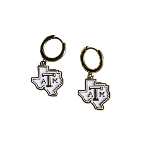 Texas A&M gold huggie earrings featuring small gold hoops with dangling Texas-shaped charms, white centers, and A&M logos for a polished Aggie-inspired jewelry look.